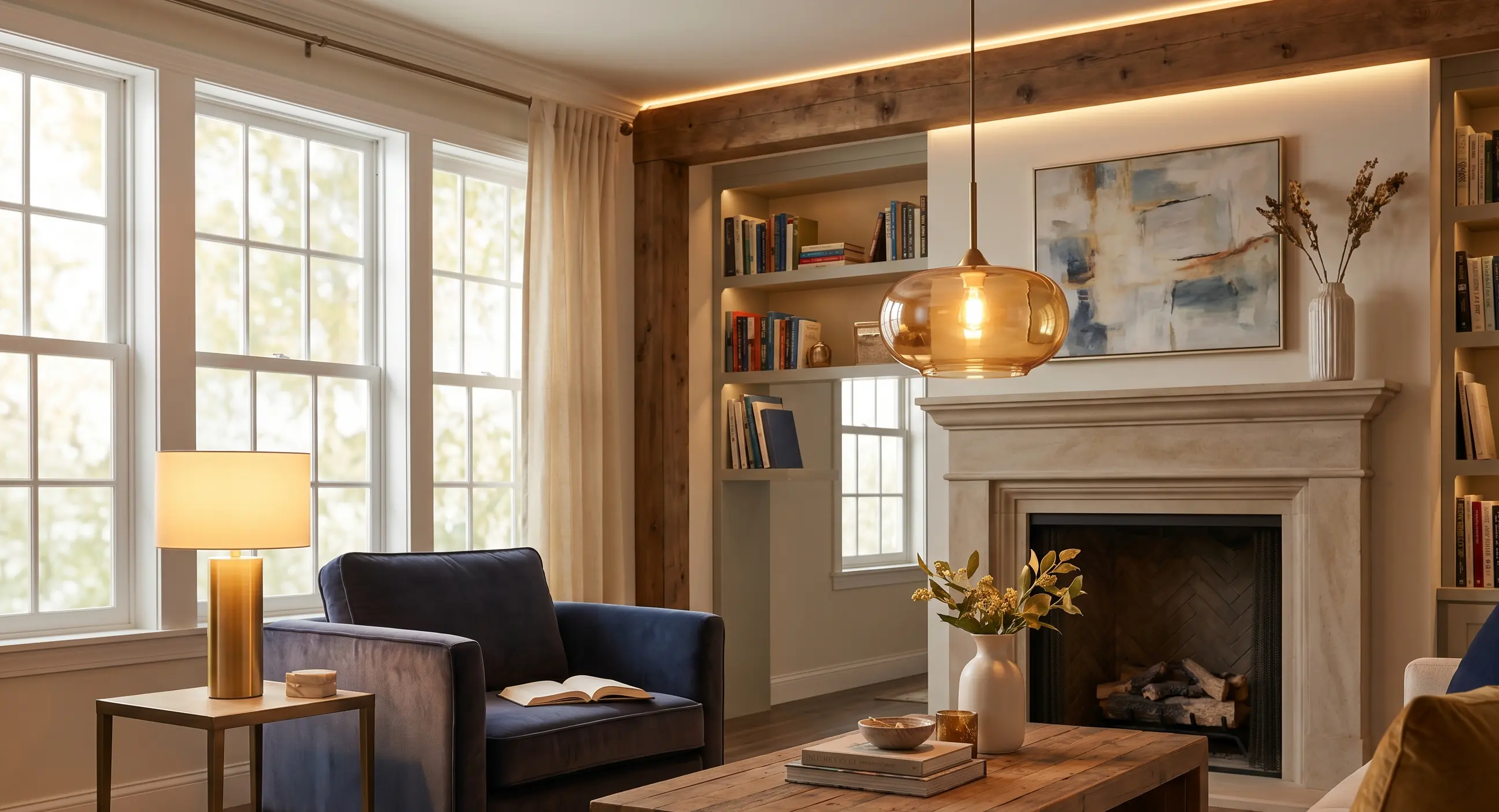 A living room showcasing perfectly layered ambient, task, and accent lighting